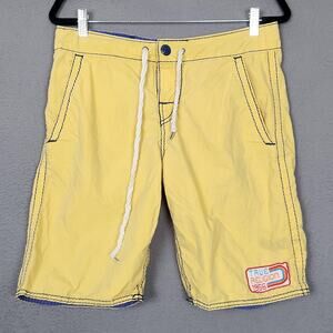 True Religion Board Shorts Mens 28 Yellow 1956 Patch Pocket Swim Drawstring USA